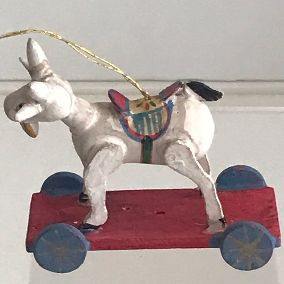 Wooden Miniature Artisan Goat on Wheels Hand Painted Christmas Ornament - VTG - Picture 1 of 13